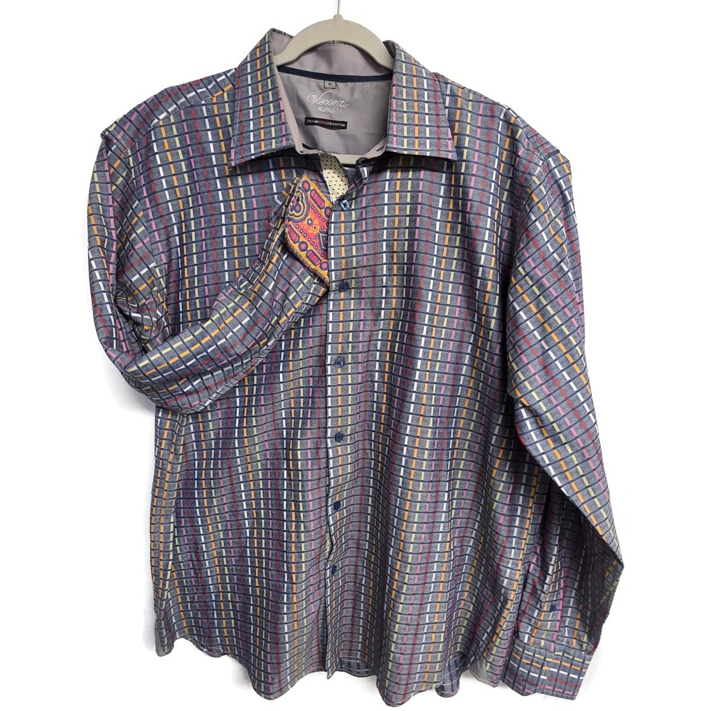 Visconti Uomo Mens XL Blue Mercerized Cotton Grid Stripe Button Down Shirt